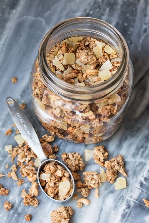 This deeply toasted Cashew, Almond and Ginger Granola delivers serious flavor and texture in every single bite. #granola #breakfast #brunch #gingergranola #cashews #almonds #holidaygifts Ginger Granola, Cashew Granola, How To Make Granola, Crystallized Ginger, Granola Recipe Homemade, Lemon Scones, Baked Granola, Candied Almonds, Granola Breakfast