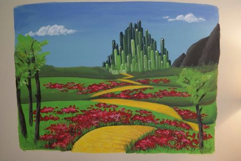 Emerald city Landscape Exhibition, Wizard Of Oz Emerald City, City Wall Mural, City Mural, Wizard Of Oz Play, Land Of Oz, The Wonderful Wizard Of Oz, City Background, Yellow Brick Road