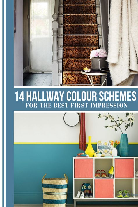 Choosing the right hallway colour scheme is more important than you might think. When it comes to paint colour, you can either go for bold statement hues or choose a welcoming and soothing palette. Neutrals will obviously ensure that your hallway feels light and airy but consider pastel colours for a cheery and uplifting theme. Transform your hallway into a bright space you can be proud of with these clever tips and tricks. #hallwayideas #hallwayinspiration #hallwaydecor #hallwaydecorating Bold Hallway Paint Colors, Bright Hallway Ideas Colour, Two Tone Hallway Color Schemes, Colourful Hallway Ideas, Warm Hallway Colour Schemes, Bright Hallway Ideas, Best Hallway Paint Color, Teal Hallway, Statement Hallway