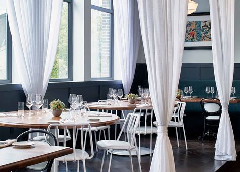 Boutique Hotel in Chattanooga - Stylishly Southern | The Edwin Hotel Modern Restaurant Design, White Restaurant, Round Wood Dining Table, Wood Floors Wide Plank, Modern Restaurant, Modern Curtains, Cafe Interior Design, Restaurant Interior Design, Restaurant Interior