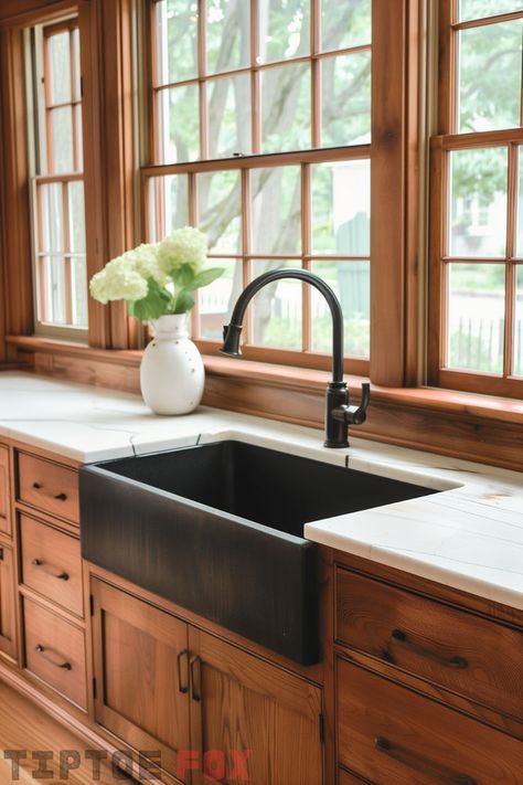 wood cherry cabinets black sink white quartz countertops black faucet under window kitchen design Under Counter Kitchen Sink, Black Sink Kitchen, Black Farmhouse Sink, Sink Inspiration, Durable Countertops, Rustic Sink, Modern Kitchen Faucet, Modern Kitchen Sinks, Bronze Kitchen