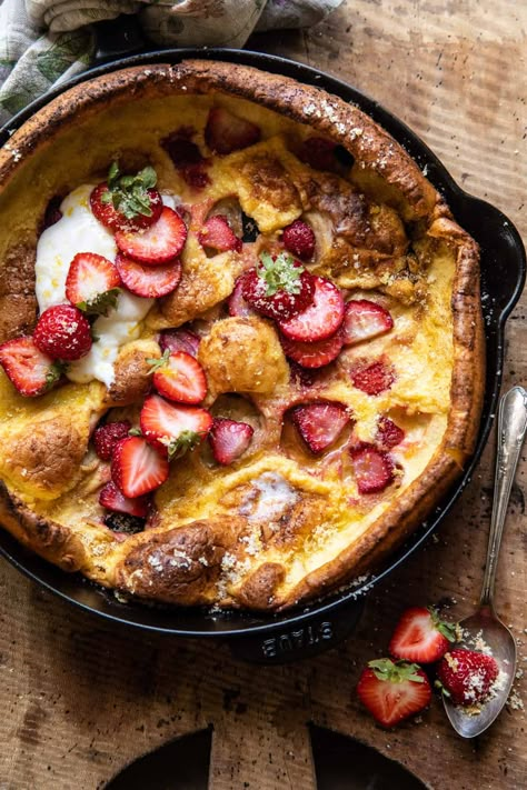 Strawberry Dutch Baby, Ricotta Cream, Dutch Babies, Half Baked Harvest Recipes, Baby Pancakes, Summer Breakfast, Harvest Recipes, Cheese Burger, Half Baked