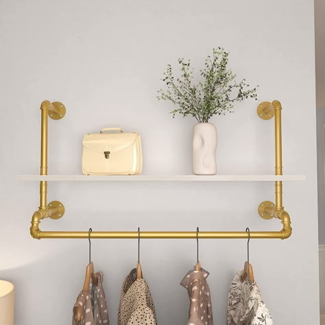 Shelves With Clothes Rod, Laundry Hanging Bar, Boutique Hanging Racks, Laundry Room Pole Hanging Clothes, Gold Laundry Room Decor, Brass Laundry Hanging Rod, Wall Mounted Rack, Wall Clothing Storage, Wall Mount Clothing Rack