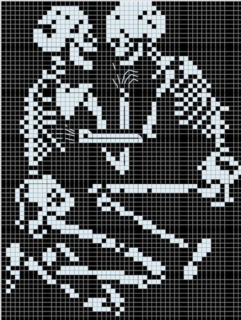 Buzy Bobbins: The Lovers of Valdaro - skeleton cross stitch design Skeleton Tapestry Crochet, Cross Stitch Skeleton, Emo Cross Stitch, Tapestry Skeleton, Skeleton Pixel Art, Cross Stitch Patterns Halloween, Skeleton Cross Stitch Pattern, Lovers Of Valdaro, Cool Cross Stitch Patterns