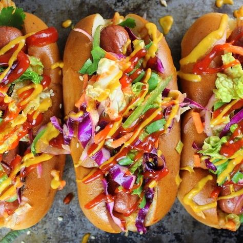 Korean Slaw, Hot Dog Bar Toppings, Tangy Slaw, Slaw Dog, Spicy Kimchi, Vegan Hot Dog, Hot Dogs Recipes, Gourmet Hot Dogs, Vegan Coleslaw