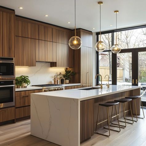 A contemporary kitchen with a sleek, minimalist layout. Warm wooden cabinetry contrasts with matte finishes, featuring gold accents on handles and fixtures. A large kitchen island with a white marble countertop is the centerpiece, surrounded by modern stainless steel appliances. Recessed lighting creates a cozy ambiance, while natural light pours in from large windows, enhancing the earthy tones of beige, soft brown, and cream. Green indoor plants add a fresh touch, blending modern elegance with Contrast Kitchen Island Countertop, Wooden Kitchen With White Countertop, Luxury Cream Kitchen, Cream Gold Kitchen, Bright Open Kitchen, Brown Gold Kitchen, Kitchen Natural Wood Cabinets, Walnut Modern Kitchen, Modern Kitchens With Islands