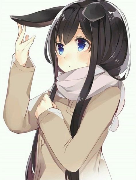 Pom Pom Clothes, Hybrid Art, Black Hair Blue Eyes, Moe Anime, Roleplay Characters, Anime Animals, Bunny Girl, Anime Oc, Animal Ears