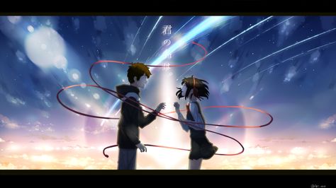 Anime Your Name.  Mitsuha Miyamizu Taki Tachibana Kimi No Na Wa. Fondo de Pantalla Taki Tachibana, Mitsuha And Taki, Mitsuha Miyamizu, Your Name Wallpaper, String Of Fate, Makoto Shinkai, Red String Of Fate, Anime Wallpaper 1920x1080, Your Name Anime