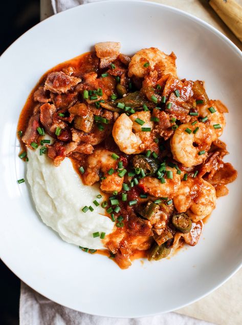 Shrimp Stewed with Tomato, Okra & Bacon Creole Shrimp, Shrimp Stew, Okra Stew, Okra And Tomatoes, Gold Food, Seafood Plates, Shrimp Creole, Okra Recipes, Cajun Food