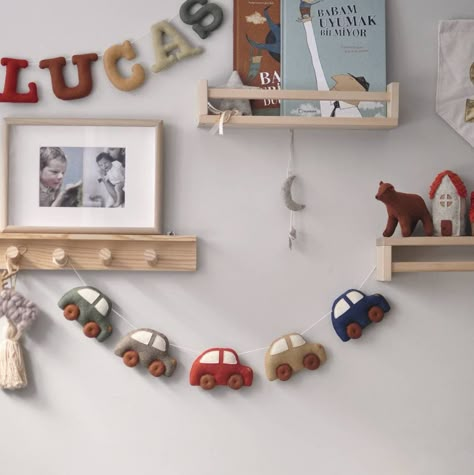 Car Themed Toddler Room, Car Theme Nursery, Felt Car, Car Themed Bedrooms, Nursery Ideas Boy, Car Nursery, Nursery Garland, Toddler Boy Room Decor, Cars Room