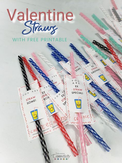 Adorable and easy candy-free Valentine Straws for classmates. A colorful, reusable straw is something everyone can enjoy – kids, parents, and Mother Earth. Easily attach this free printable valentine and you’re done! #valentines #diyvalentines #valentinesday #reusablestraws #valentineprintable #noncandyvalentines #candyfreevalentines #printablevalentines Straw Valentine Free Printable, Straw Valentines For Kids, Candy Free Valentines, Straw Valentine, Crazy Straws, Candy Alternatives, Easy Candy, Class Gifts, Mom Group