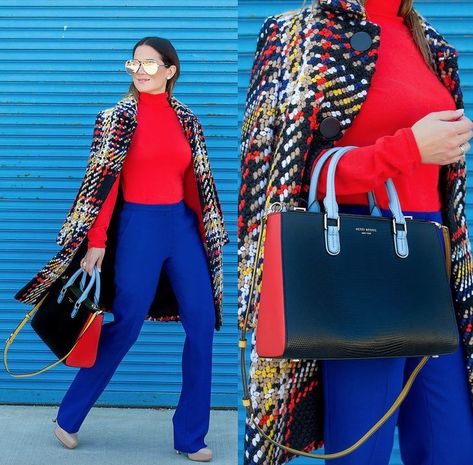 Royal Blue Pants Outfit Fall, Cobalt Blue Pants Outfit Work, Cobalt Blue Combinations, Cobalt Blue Pants Outfit Winter, Cobalt Blazer Outfit, Royal Blue And Red Outfit, Red And Blue Outfits For Women, Cobalt Pants Outfit, Electric Blue Pants Outfit