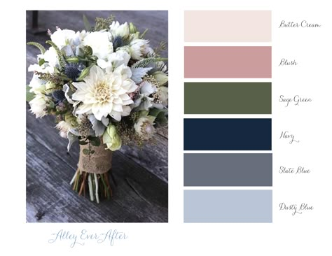 Alley Ever After - Color Theme: Slate Blue, Navy, Sage Green, Blush, Butter Cream. Suits Light Gray & Dark Sage Green Navy Blue Blush Pink Wedding Palette, Sage Green Blush And Blue Wedding, Slate Blue And Sage Green Bedroom, Dusty Rose And Slate Blue Wedding Color Schemes, Dark Blue Sage Green Wedding, Navy Green Blush Wedding, Blue Green Blush Color Palette, Navy Pink Green Wedding, Blush Sage Blue Wedding