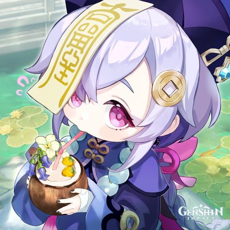 Happy Birthday, Qiqi! Your present? It tastes good. Thank you. This coconut milk is different. Violetgrass, Berries... feels cool. Birthday... Qiqi is spending it with you. Qiqi is very happy. | March 3 | Genshin Impact’s Official Twitter Genshin Impact Qiqi Icons, Elemental Powers, Art Plastique, Norfolk, Anime Chibi, Genshin Impact, Anime Icons, Favorite Character, Art Reference