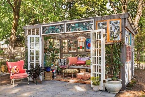 Diy She Shed, Salvaged Windows, Shed Windows, House Journal, Stone Retaining Wall, Outdoor Room, She Sheds, Vintage Windows, Old Windows