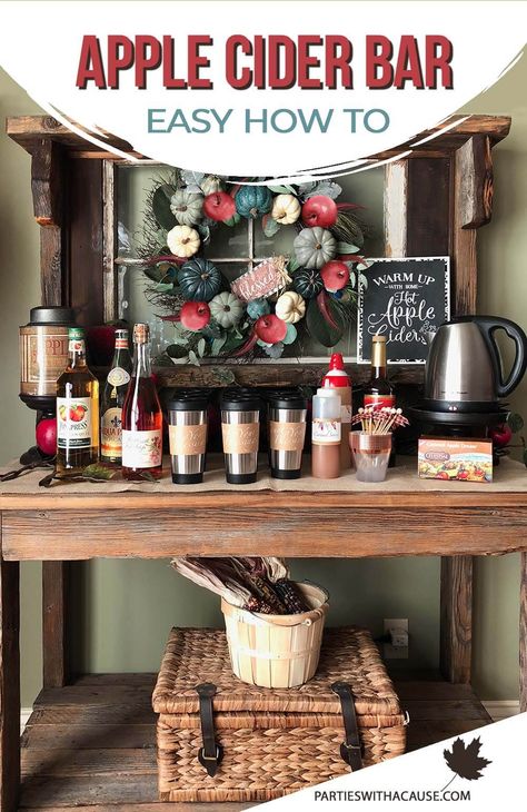 Fall Grand Opening Ideas, Apple Cider For Party, Hot Cider Bar Wedding, Hot Apple Cider Bar Ideas, Apple Tasting Party, Hot Cocoa And Cider Bar, Hot Apple Cider Bar Ideas Fall, Thanksgiving Drink Station Ideas, Hot Cider Bar Ideas