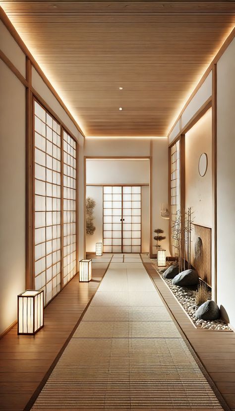 Immerse yourself in a world of calm with this Japanese-inspired hallway design. Traditional shoji sliding doors, wooden beams, and minimalist decor create a space of simplicity and peace. Soft ambient lighting accentuates the small indoor garden with bamboo, rocks, and a gentle water feature, offering a perfect Zen-inspired ambiance. If you enjoy this style, support more designs like this by joining me on Patreon! 🌿 Japanese Hallway Interior Design, Shoji Doors Japanese Style, Japan Zen Interior, Japanese Inspired Home Interior, Japanese Feature Wall, Japanese Modern Architecture Interior, Japanese Style Entryway, Asian House Design Interiors, Zen Home Interior