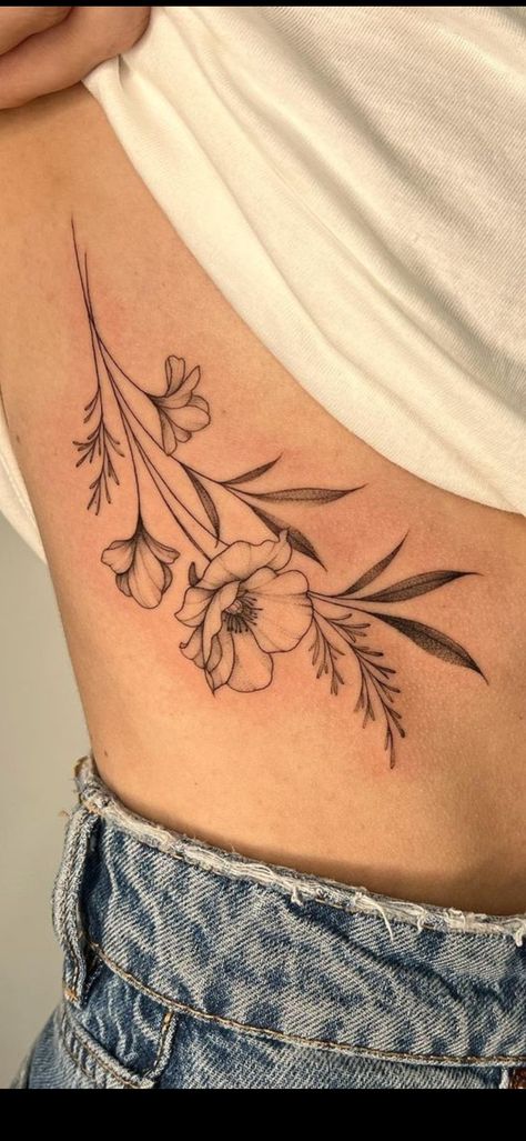 Symmetric Rib Tattoo, Okra Flower Tattoo, Floral Side Rib Tattoo, Nature Rib Tattoo, Leaf Rib Tattoo, Flower Ribcage Tattoo, Ribcage Flower Tattoo, Side Thigh Tattoos Women Simple, Swords Tattoos