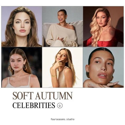 Soft Autumn Celebrities embody warm, muted elegance. Explore stars like Angelina and Gigi who shine in Soft Autumn's earthy colors. Soft Autumn Color Season, Soft Autumn Celebrities, Autumn Color Season, Autumn Celebrities, Golden Skin Tone, Body Shape Guide, Soft Autumn Palette, Rich Brown Hair, Warm Brown Hair