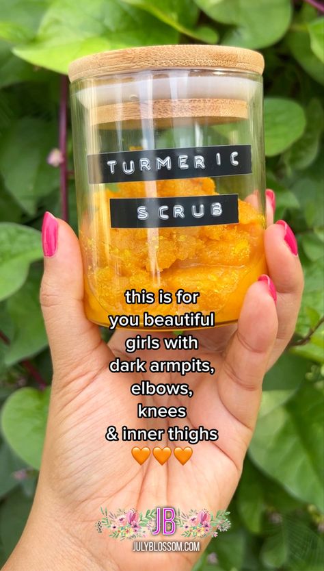 Inner Thigh Darkness, Dark Inner Thighs, Body Scrub Homemade Recipes, Skin Lightening Diy, Turmeric Scrub, Dark Armpits, Body Scrub Recipe, Homemade Scrub, Dark Underarms