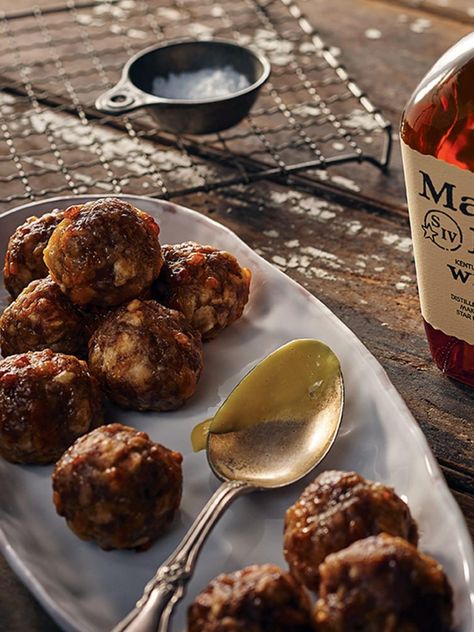 Maker's Mark sausage balls served with a Bourbon Mustard Dipping Sauce that brings a nice blend of mustardy heat, sweet honey and caramel notes. Bourbon Mustard, Woodford Reserve Double Oaked, Southern Appetizers, Dijon Mustard Sauce, Bourbon Recipes, Mustard Dipping Sauce, Bourbon Sauce, Mustard Recipe, Woodford Reserve