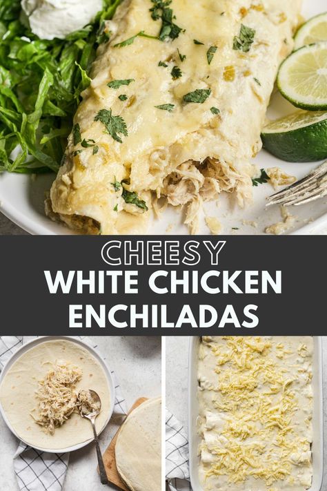 An overhead shot of a cheesy white chicken enchilada on a plate with a bite taken out. There is a side of lettuce topped with sour cream and some lime wedges as garnish. Chicken Enchiladas White Sauce, Easy White Chicken Enchiladas, Creamy White Chicken Enchiladas, Enchiladas Recipes, Isabel Eats, Sour Cream Enchiladas, Enchilada Ingredients, White Chicken Enchiladas, Cream Chicken