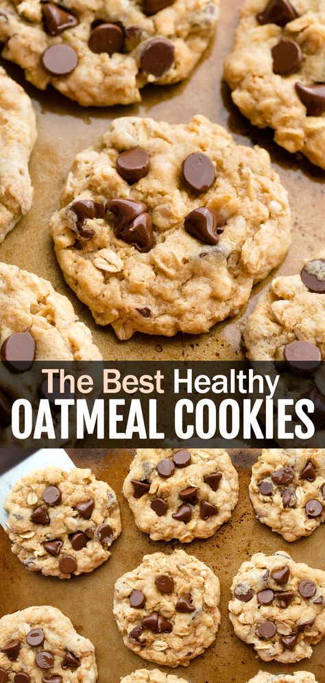 The Best Healthy Chocolate Chip Oatmeal Cookies Recipe Healthy Choc Chip Oatmeal Cookies, Healthy Simple Dessert Recipes, Healthier Oatmeal Chocolate Chip Cookies, Oatmeal Chocolate Chip Bites, Simple Healthy Cookie Recipes, Oatmeal Keto Cookies, Healthy Drop Cookies, Healthy Protein Oatmeal Cookies, Ww Oatmeal Cookies