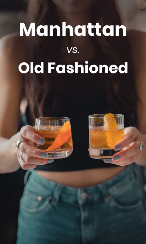 Manhattan vs. Old Fashioned only has one ingredient setting them apart but it makes a big difference in these two classic whiskey cocktails. Old Fashioned Recipes Cocktail, Speakeasy Cocktails, Old Fashion Drink Recipe, Best Whiskey Cocktails, Bourbon Drinks Recipes, Manhattan Drink, Whiskey Old Fashioned, Old Fashion Cocktail Recipe, Old Fashioned Drink