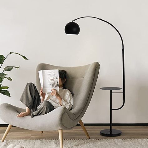 Black Table Lamps Living Room, Black Floor Lamp Bedroom, Lamp With Table Attached, Podcast Corner, Curved Lamp, Floor Lamp With Table, Gooseneck Lamp, Lamp With Table, Standing Lights