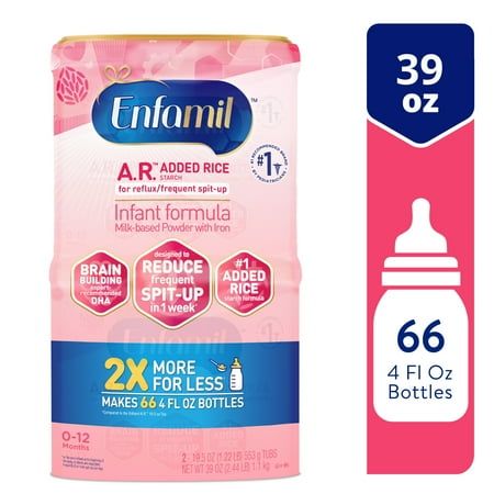 Enfamil A.R. Infant Formula is specially formulated with a thicker consistency clinically proven to reduce spit-up by over 50%* while providing complete nutrition for your infant up to 12 months, unlike just adding rice cereal to formula. Spit-up is common side effect of your baby's developing digestive system. But a switch to Enfamil A.R. Infant Formula can make a difference.*Based on a clinical study of Enfamil A.R. Infant Formula before the addition of DFIA, ARA, and prebiotics with infants who spit up frequently (5 or more spit-ups per day), comparing frequency and volume of spit up after feeding Enfamil A.R. to the same babies at the beginning of the study**Enfamil is the #1 pediatrician recommended brand of Infant Formula - QuintilesIMS, using the ProVoice Survey fielded from October Formula Milk, Infant Formula, Complete Nutrition, Rice Cereal, Formula Cans, Brain Development, Baby Formula, Immune Health, Digestive System