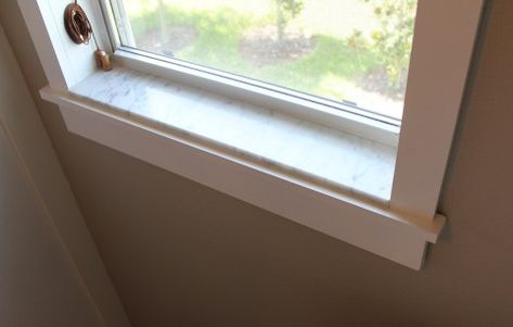 How to trim windows with Craftsman trim around existing marble sills. Builder Grade To Custom, Marble Window Sill, Stone Window Sill, Diy Window Frame, Craftsman Window Trim, Diy Window Trim, Interior Window Trim, Craftsman Trim, Window Molding