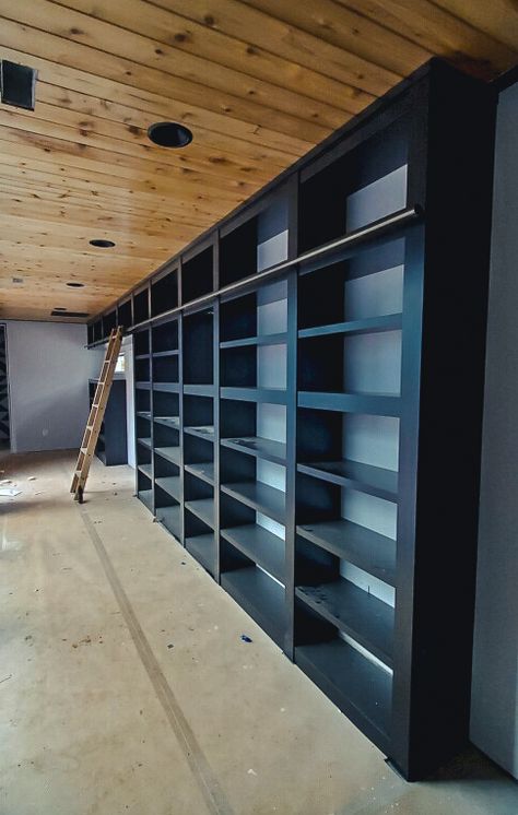 Built in libraries and shelving Library Wall With Ladder Built Ins, Built In Bookcase With Ladder Library Wall, Shelves With Ladder, Wood Stained Build In Library, Dark Wood Built In Bookshelves, Woodworking Plans Wall To Wall Bookshelves, Loft Shelf, Family Library, Library Rooms