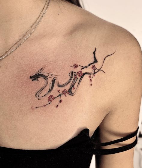 Japanese Minimalist Dragon Tattoo Dragon Tattoo For Women Arm Wrap, Fine Line Dragon Spine Tattoo, Smokey Dragon Tattoo, Dragon Collarbone Tattoo, Japanese Dragon Tattoos Women, Small Chinese Dragon Tattoo, Dragon Minimalist Tattoo, Cute Dragon Tattoos, Delicate Dragon Tattoo