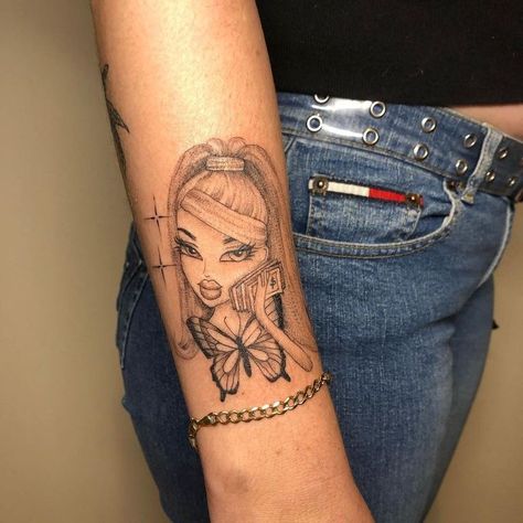 Bratz Sleeve Tattoo, Bratz Doll Tattoo Ideas, Esthetician Tattoo Ideas, 3 Inch Tattoo Ideas, Bratz Doll Tattoo, Brats Tattoo, Bday Tattoo, Bratz Tattoo, Barbie Tattoo