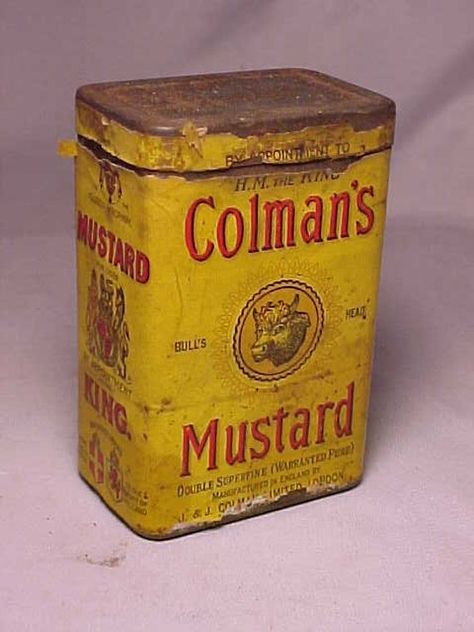 c1910-20s Colman's Mustard manufactured in England by J. J. Coleman Limited London, Vintage Spice Tin, Country Primitive Decor Tin Can, with text as follows ( Colman's Mustard manufactured in England by J. J. Coleman Limited London, 1/4 Lb. Net. ) with other text and an illustrated cows head, tin measures 3 3/4 X 2 5/8 X 1 5/8 inches, has some wear, Good Condition , shipping is 6.50 for this box, I also do combined shipping, so buy a bunch and I can pack in one box so you can save on shipping, if you have any questions feel free to contact me through the Etsy Conversations, THANK YOU for looking and shopping. As Always this is where you will get the best buys on antique bottles on Etsy, Antique Wooden Boxes, Country Primitive Decor, Antique Tins, Vintage Containers, London Vintage, Spice Tins, Jar Ideas, Vintage Products, Book Things