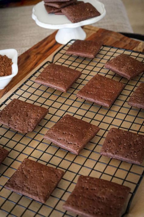 Sourdough Chocolate Graham Crackers - Cultured Food Life Sourdough Discard Chocolate Graham Crackers, Sourdough Recipes Chocolate, Einkorn Graham Crackers, Chocolate Sourdough Crackers, Sourdough Discard Valentines, Sourdough Teddy Grahams, Sourdough Baby Snacks, Sourdough Discard Graham Crackers, Sourdough Discard Freezer Recipes