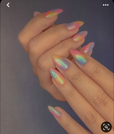 Watercolor Dip Nails, Iridescent Nail Art Designs, Chrome Nails Designs Spring, Jelly Bean Nails, Gel X Chrome Nails, Pride Nails Subtle, Blue And Chrome Nails, Cute Bday Nails, Jelly Chrome Nails