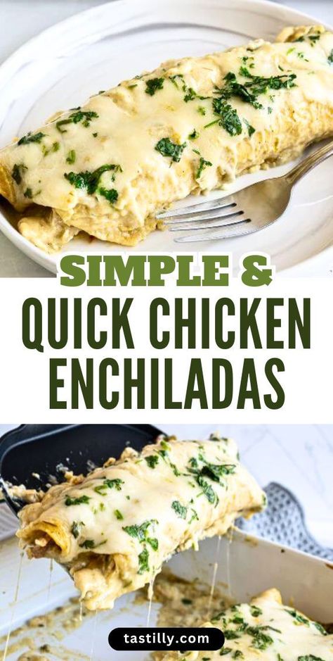 Creamy and cheesy Chicken Enchiladas Verdes are quick to make and you will only have to wash one skillet and one baking dish. The luscious sauce, made by combining store-bought green salsa and Mexican crema is mild enough for everyone in the family to enjoy! Chicken Enchiladas Verde, Chicken Verde, Mexican Crema, Cheesy Chicken Enchiladas, White Chicken Enchiladas, Chicken Enchiladas Easy, Green Enchilada Sauce, One Skillet, Green Salsa