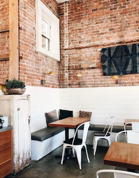 Exposed Brick Half Wall, Brick Wall Restaurant Interiors, Half Exposed Brick Wall, Half Faux Brick Wall, Half Wall Basement, Half Brick Wall Interior, Kitchen Esthetics, Brick Half Wall, Half Brick Wall