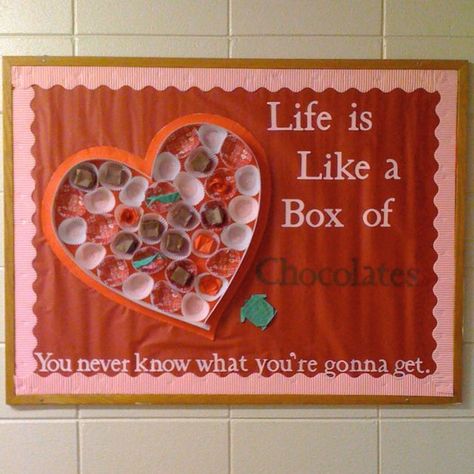 Valentine's Day Bulletin Board. I would put  students' work inside, something small like a couplet Unique Bulletin Board Ideas, February Bulletin Boards, Door Bulletin Boards, Valentine Bulletin Boards, Valentines Classroom, Pinterest Valentines, Work Bulletin Boards, Valentines Day Bulletin Board, Ra Bulletins