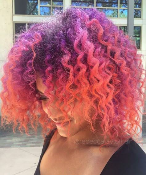 Orange And Purple Hair Curly, Vibrant Curly Hair Color, Punky Colour Hair Dye, Pink Orange And Purple Hair, Curly Vivid Hair, Curly Hair Vivid Color, Pink And Purple Curly Hair, Ombre Hair Color Pink, Sunset Hair Color Ombre