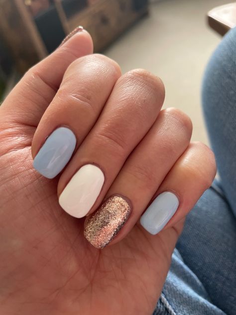 Pale Blue And Gold Nails, Dusty Blue And Gold Nails, Sky Blue Nails Design Short, Light Blue Gold Nails, Blue White Gold Nails, Light Blue And Gold Nails, Pale Blue Nails, Dusty Blue Nails, Gold Summer Nails