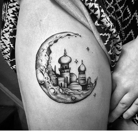 #india #bohemian #tattoo #moon #solar #tat #mosque #unique #nice #leg #medium Mosque Tattoo, Arabian Tattoo, Surreal Tattoo, Thigh Tattoo Designs, Crescent Moon Tattoo, Circle Tattoo, Omerta Tattoo, City Tattoo, Moon Tattoo Designs