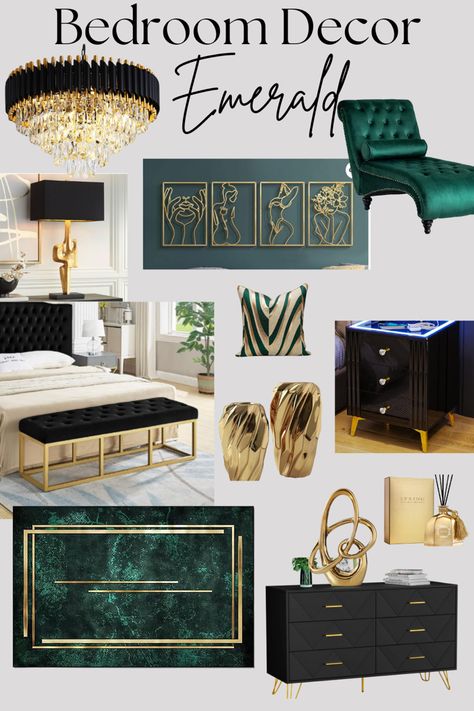 Black and gold bedroom decor items with emerald green accents items. Dark Green Gold And Black Bedroom, Black Emerald Gold Bedroom, Emerald Green Cream And Gold Bedroom, Dark Green And Gold Room Aesthetic, Green And Gold Room Ideas Bedroom, Black Green Gold Bedroom, Emerald Green And Gold Bedroom Ideas, Emerald Green And White Bedroom, Black Gold Green Bedroom