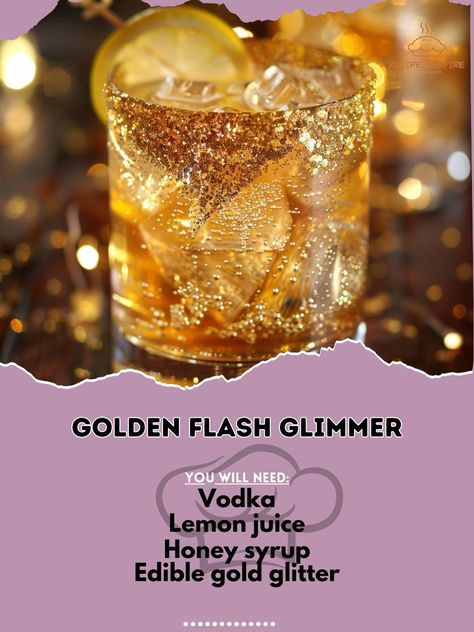 ✨ Illuminate your taste buds with the Golden Flash Glimmer! 🍸🍋 #GoldenGlimmer #BrightCocktail Golden Flash Glimmer Ingredients: Vodka (2 oz) Lemon juice (1 oz) Honey syrup (0.5 oz) Edible gold glitter (a pinch) Ice Lemon twist (for garnish) Instructions: Shake vodka, lemon juice, honey syrup, and ice. Strain into a glass and add a pinch of edible gold glitter. Garnish with a lemon twist. 🌟 Shine bright with every sip of this golden delight! #GoldenCocktail #SparklingSips #CocktailArt Golden Cocktail, Edible Gold Glitter, Vodka Lemon, Gold Drinks, Cocktail Party Food, Lemon Twist, Sour Cocktail, Honey Syrup, Edible Gold