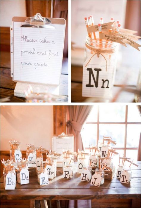 "please take a pencil, and find your grade" pencil seating chart - school theme Teacher Theme Wedding, Schoolhouse Wedding, Jenna And Matt, Old School Wedding, Chart School, Wayfarers Chapel, Party Image, Marriage Retreats, Teacher Themes