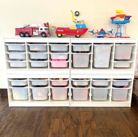 Ikea Trofast Toy Storage, Ikea Trofast Stacked, Childrens Playroom Ideas, Playroom Organization Storage, Tiny Playroom, Trofast Playroom, Small Playroom Organization, Play Loft, Trofast Storage