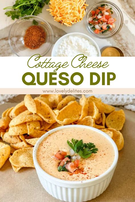 You are going to want to make this Cottage Cheese Queso! High-protein Cottage Cheese Queso is so easy to make! It's a viral recipe that comes together easily and quickly. Pair it with tortilla chips, veggies, and more! High Protein Cottage Cheese Queso, Cottage Cheese Taco Seasoning Dip, Cottage Cheese Nacho Sauce, Cottage Cheese Chips In Oven, Protein Queso, Keto Cottage Cheese Recipes, Cottage Cheese Queso Dip, Cottage Cheese Chips, Microwave Banana Bread