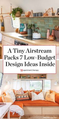 This tiny airstream packs 7 brilliant budget-friendly design ideas into 220 square feet. #airstream #tinyhouse #tinytour #smallspaces #smallspacedecor #smallspaceideas #tinyhouseliving #airstreamideas #decorideas #cheapdecorideas Airstream Interior Renovation, Airstream Airbnb Ideas, Boho Airstream Interior, Airstream Renovation Ideas, Small Airstream Remodel, Renovated Airstream Interior, Airstream Interior Design, Airstream Basecamp Decorating Ideas, Airstream Organization Ideas