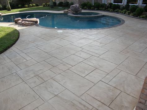 Yorkstone Stamped Overlay over existing pea gravel pool deck Diy Stamped Concrete, Stamped Concrete Pool, Concrete Patio Designs, Concrete Overlay, Pool Remodel, Concrete Contractor, Stamped Concrete Patio, Concrete Pool, Redwood City